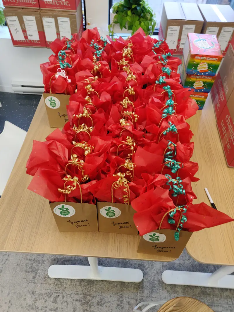 Sacs cadeaux Panier Québécois emballés de papier de soie rouge, prêts à être livrés